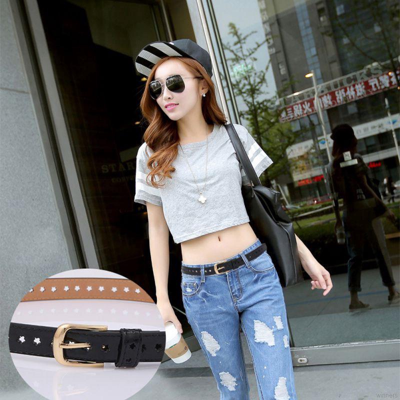 Women Pu Leather Hollow Flower Belt Neutral Soft Simple Pin Buckle Belt