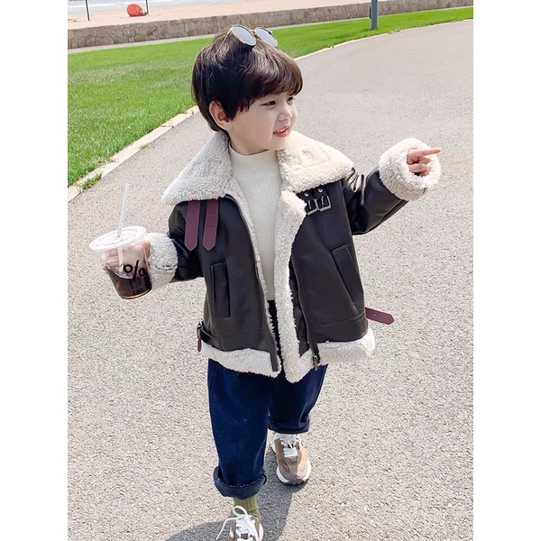 Áo khoác da cho bé lót lông cừu Hàn quốc size 10-32kg tiemnhazam