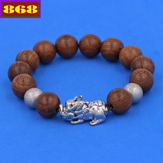 Vòng tay phong thủy Tỳ hưu inox trắng - Chuỗi gỗ thủy tùng nâu 12 ly VGTTNTHHBT12