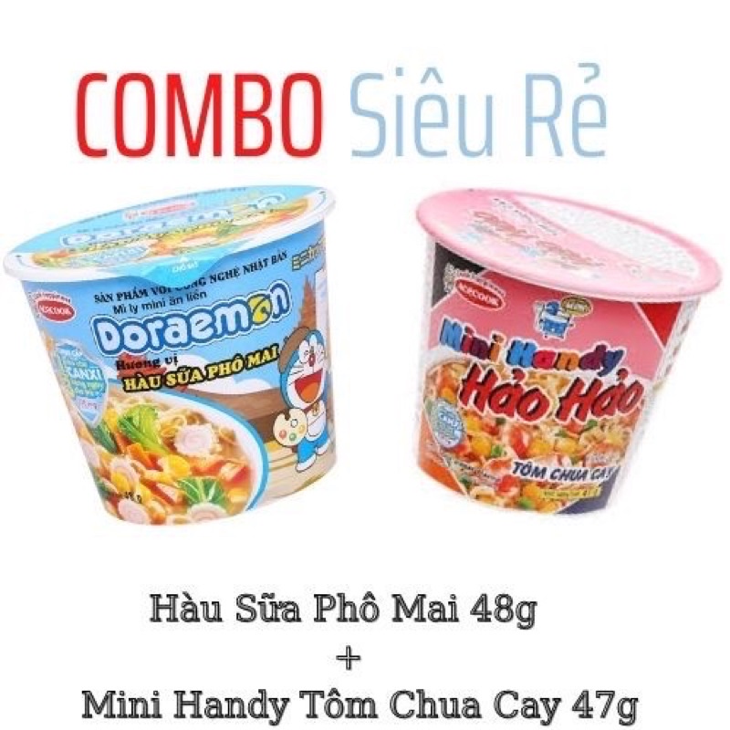 Combo Mì Ly Doremon và Mì Ly Hảo hảo Mini Handy Tôm Chua Cay