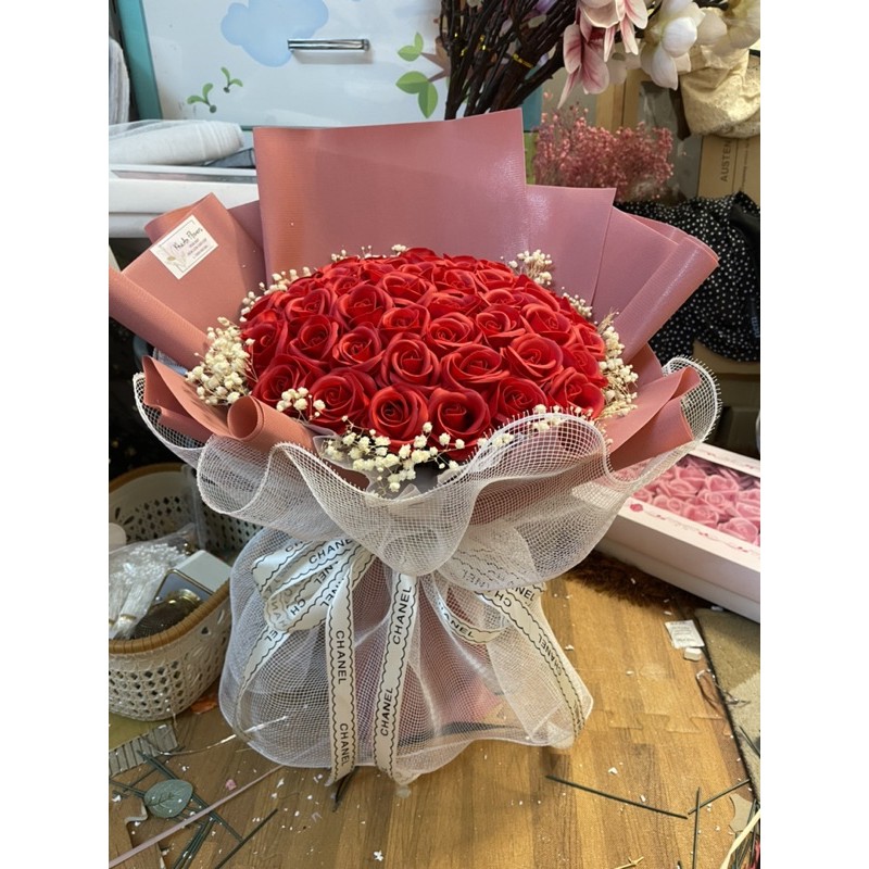 [Hoa sinh nhật - Có Nowship] Bó hoa sáp 4 lớp cao cấp 50bông mix Babi khô sang trọng, siêu đẹp. Ảnh độc quyền của Shop!