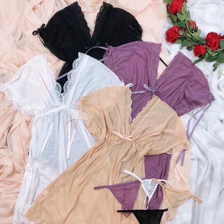 Váy ngủ ren sexy bẹt vai mặc hai kiểu đồ ngủ big size voan thun với màu đen quyến rũ | BigBuy360 - bigbuy360.vn