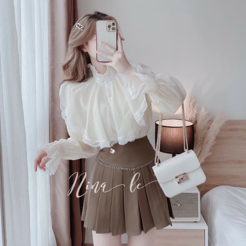 Áo sơ mi bèo ren áo sơ mi tiểu thư viền ren LD0403