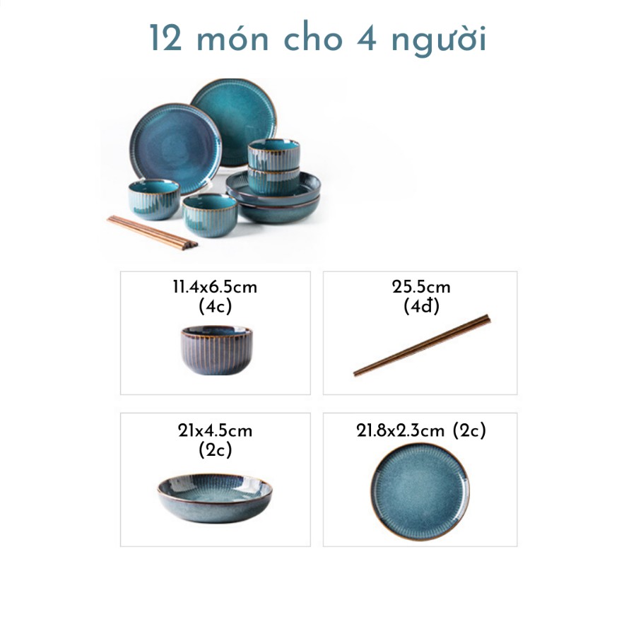 Bộ bát đĩa - bộ bát cao cấp - 12 món phong cách Bắc Âu Starry Sky - cho gia đình 4 người, màu xanh sang trọng