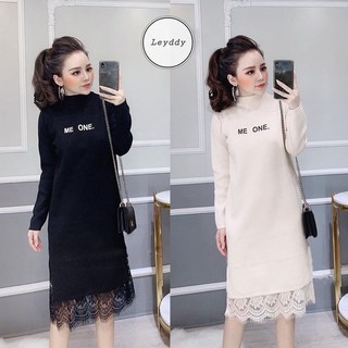 Váy Đầm Len Chân Ren Dáng Suông Dài Tay Cổ 3 Phân ME ONE Leyddy.