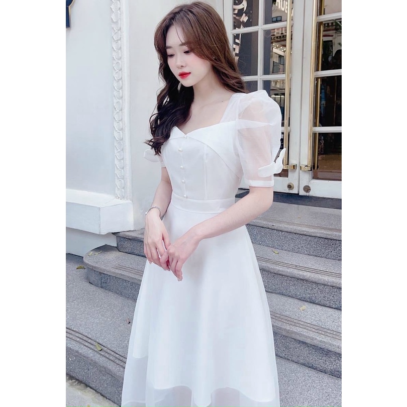 Đầm nữ , đầm nữ voan 2 lướp cổ vuông tay búp kết nơ dáng xòe đính nút giữa