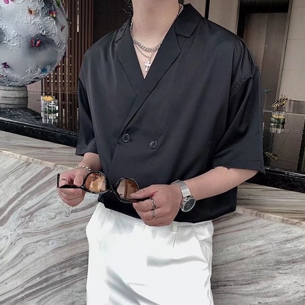 Áo Sơ Mi Polo Tay Ngắn Dáng Rộng Màu Trơn Thời Trang Mùa Hè Phong Cách Hàn Quốc Cho Nam Giới