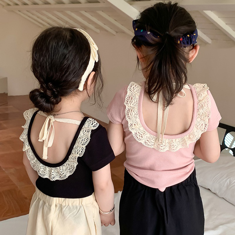 Áo Thun Tay Ngắn Cổ Tròn Đính Nơ Dễ Thương Cho Bé Gái