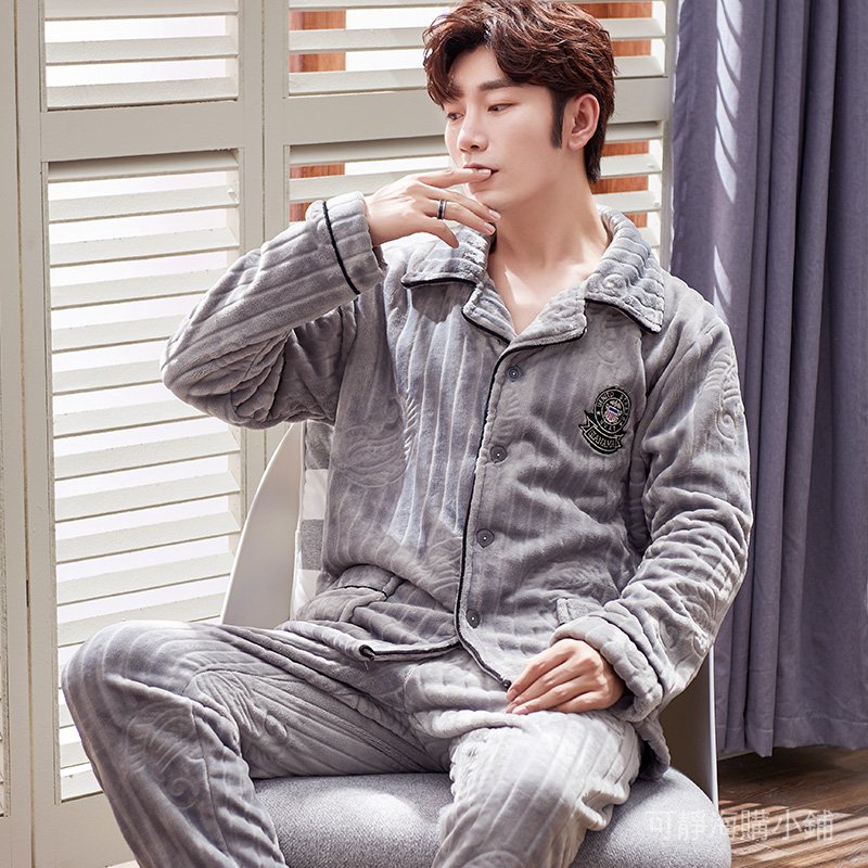 Bộ Đồ Ngủ Pijama Bằng Nỉ Lông Cừu San Hô Dày Dặn Thời Trang Thu Đông Cho Nam