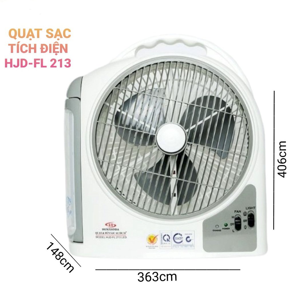 Quạt sạc tích điện dạng hộp AC&amp;DC 10 inch Honjianda FL213 1-2 bình Có đèn LED &amp; USB