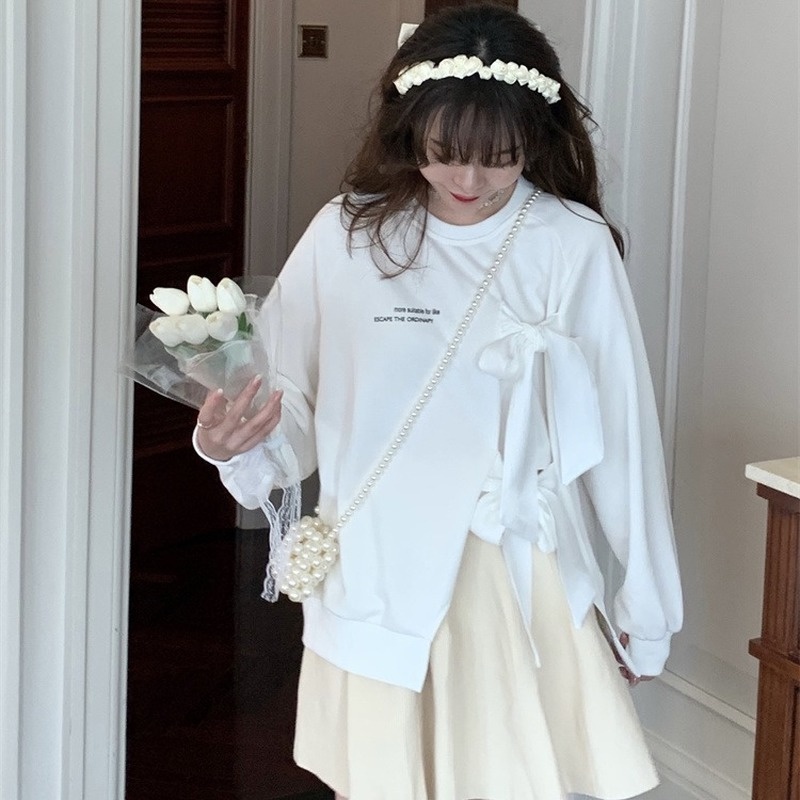 Áo len tay dài cổ tròn thắt nơ phong cách công chúa thời trang thu đông mới dành cho nữ