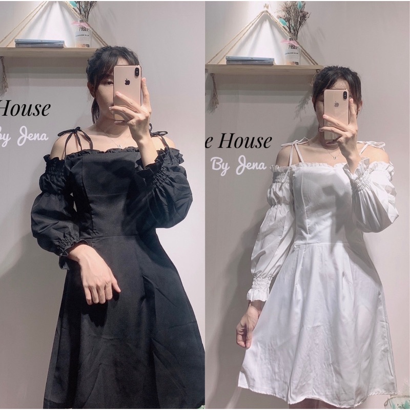 Váy bánh bèo trễ vai 💖 Hot Trend 💖 Đầm bánh bèo trễ vai 2 màu Đen, Trắng chất liệu kate mềm Korean Style Maze House