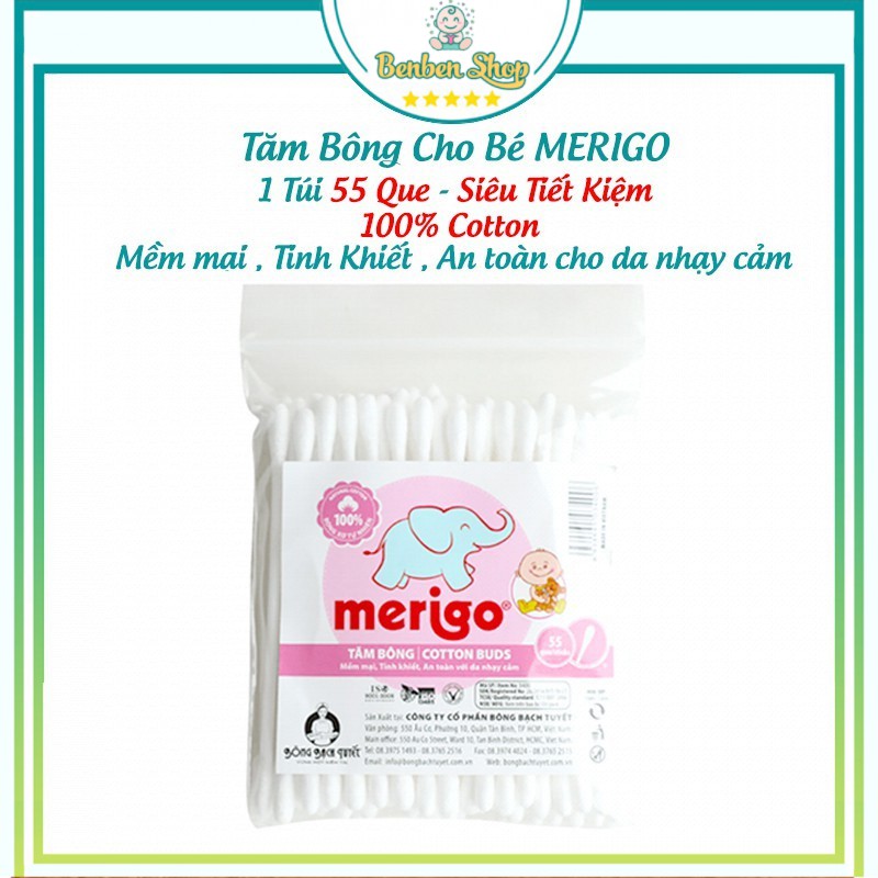 [Mã FMCGSALE15 giảm 8% đơn 500K] Tăm Bông Cho Bé Merigo ( Đầu Tròn - 1 Túi / 55 Que )