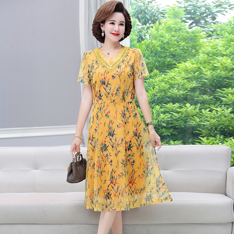 Đầm Chiffon Tay Ngắn Cỡ Lớn Thời Trang Cho Phụ Nữ Trung Niên