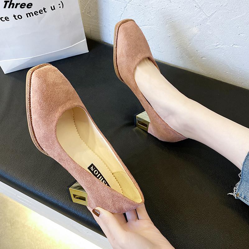 Women's shoes, high heels suede women's thick heel shallow mouth sweet temperament all-match bridesmaid shoes square toe shoes