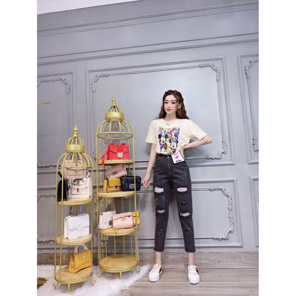 QUẦN BAGGY JEAN LƯNG THUN RÁCH XÁM HOT SHOP PHƯƠNG CHÂU