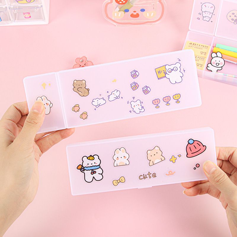 Hộp nhựa mờ 2 ngăn dùng để đựng bút viết, phụ kiện nail, văn phòng phẩm