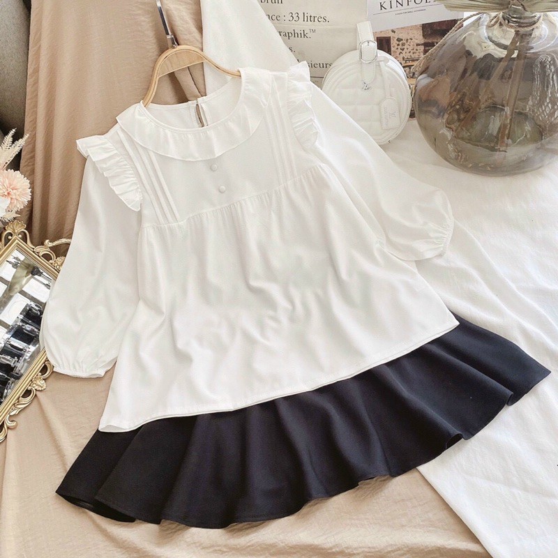 SET ÁO TRẮNG VIỀN BÈO TAY BO PHỒNG + CHÂN VÁY ĐEN