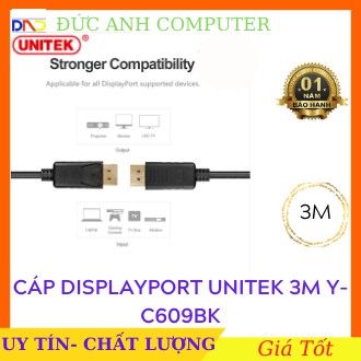 Cáp Displayport UNITEK 4K dài 3m  YC609BK, Hàng Chính Hãng UNITEK - Bảo Hành 12 Tháng , Cáp 2 đầu Displayport