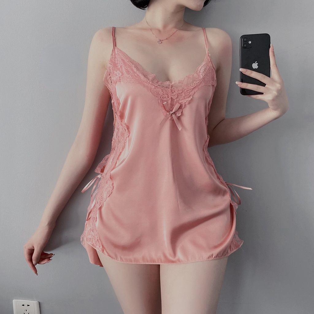 Đầm Ngủ Hai Dây Vải Voan Satin Phối Ren Phong Cách Quyến Rũ Hàng Mới | BigBuy360 - bigbuy360.vn