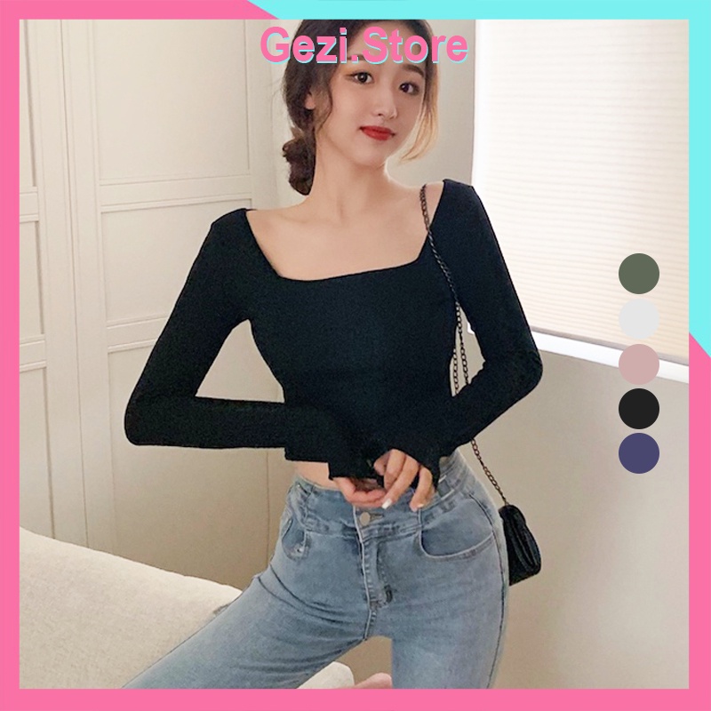 Áo thun nữ croptop cổ vuông dài tay 100% cotton chống đen tay mùa hè, áo croptop ôm body tay dài 100% cotton