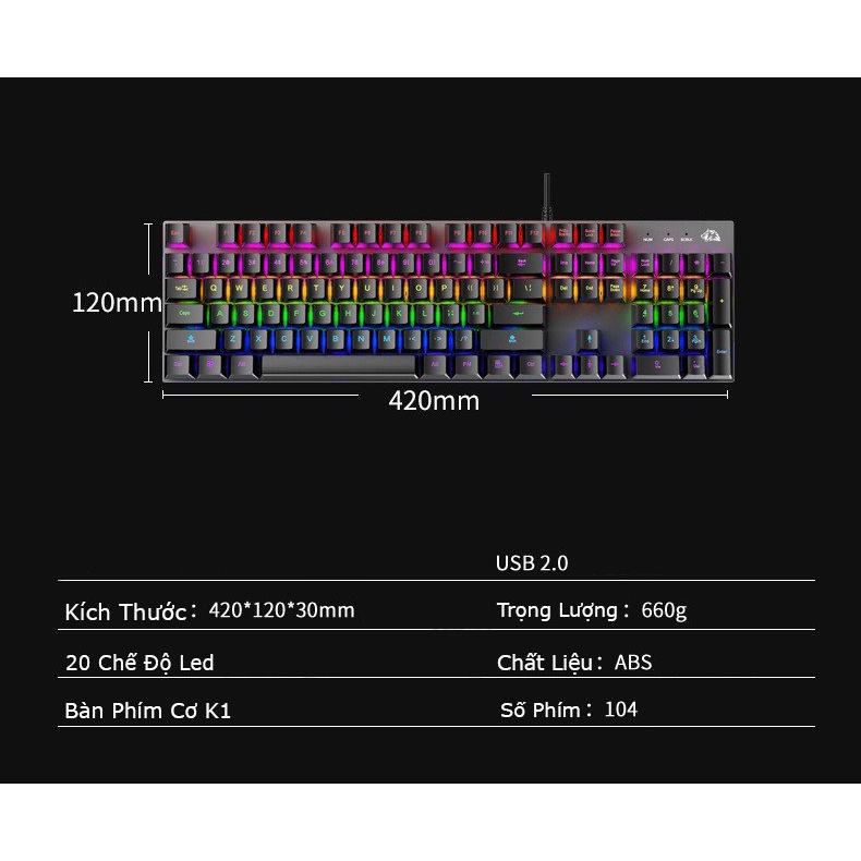 Bàn phím cơ K1 trục Đỏ Pro Crack 104 phím ánh sáng cầu vòng 7 màu, 20 chế độ nháy dành cho máy tính, laptop