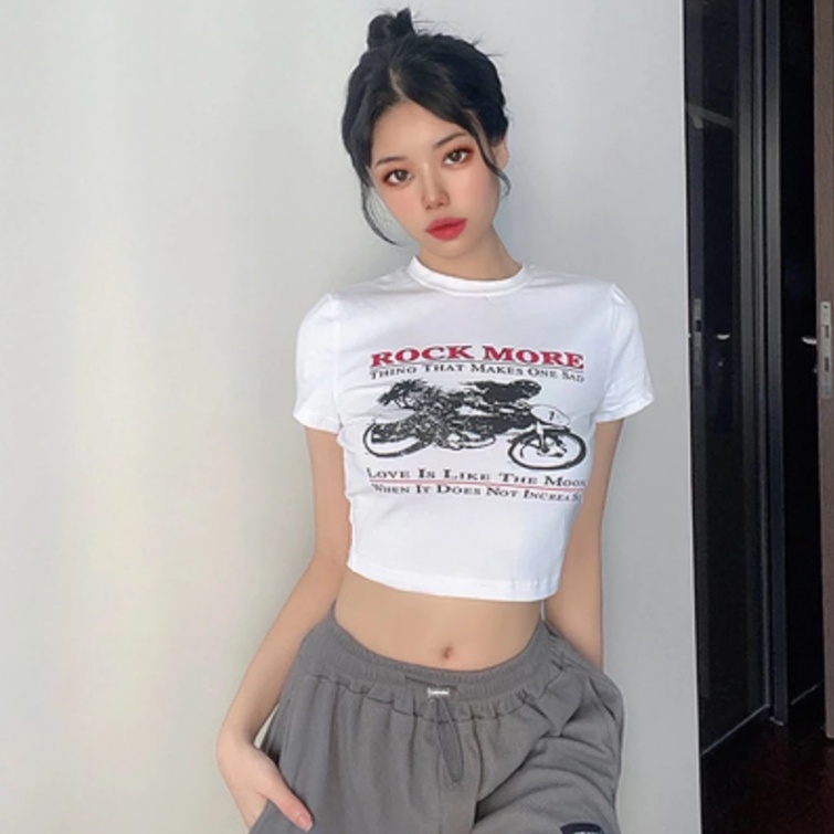 Áo Thun Crop Top Tay Ngắn Dáng Ôm In Họa Tiết Xe Máy Dễ Thương Thời Trang Mùa Hè Cho Bé Gái Y2K