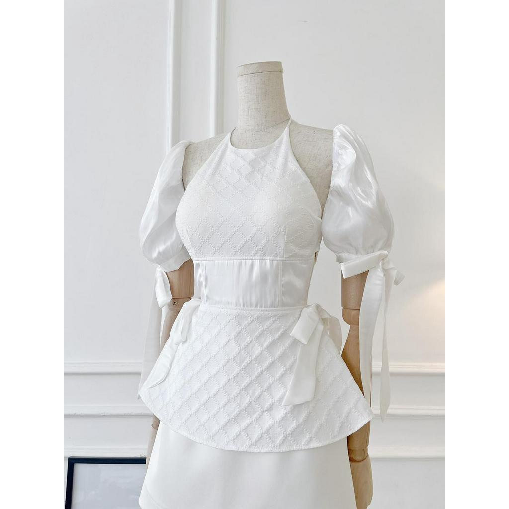 [HÀNG THIẾT KẾ CAO CẤP] Áo Peplum Cổ Yếm Tay Phồng Cut Out Lưng Công Sở / Đi Tiệc Sang Trọng Màu Trắng / Đen