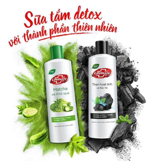 Set 2 chai Sữa tắm Lifebouy THAN HOẠT TÍNH + BẠC HÀ và MATCHA + KHỔ QUA 200g