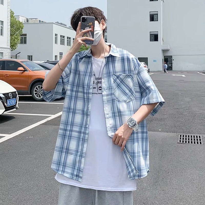 Men's and Women's Unisex Short Sleeve Shirt Baggy Shirts with Plaid for Men Ulzzang Korean T-shirt Form Wide