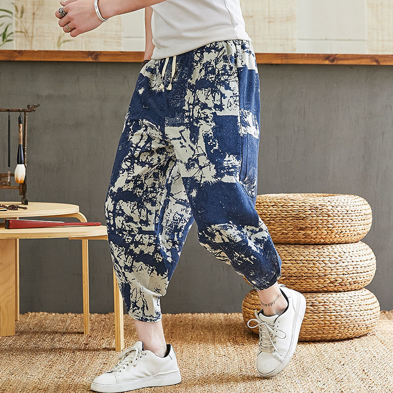 Summer Casual Pants Men's Beach Pants L Pants2021New Men's Summer Harem Pants Cotton Linen Shorts Men's Loose Trendy plus Size Capri Pants Men's Breeches