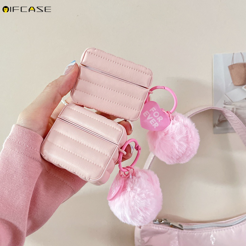 Vỏ Bảo Vệ Hộp Sạc Tai Nghe Airpods 1 2 3 Pro Kết Nối Bluetooth Không Dây Chất Liệu Da Màu Hồng Phối Lông Dễ Thương