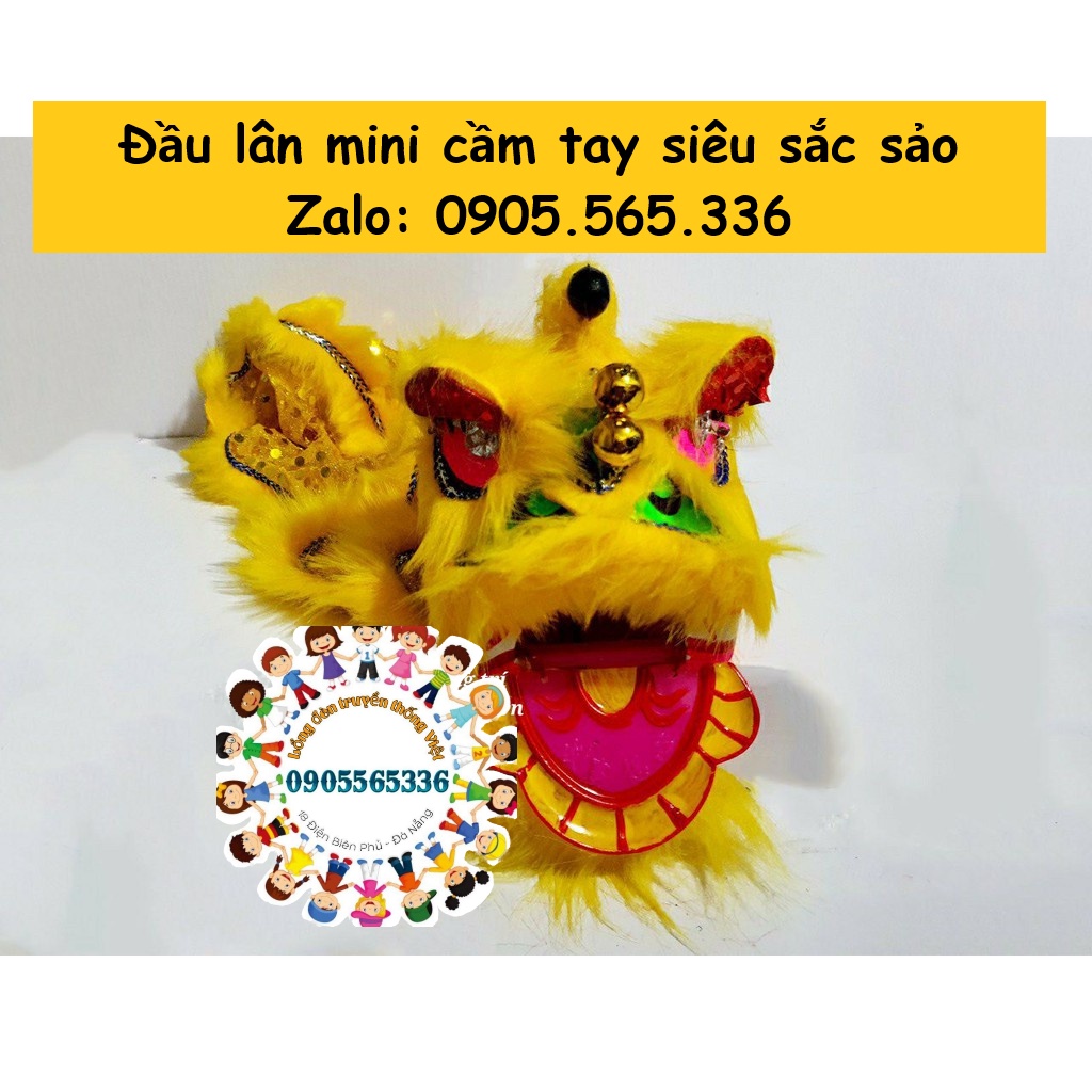 Đầu lân cầm tay siêu sắc sảo size 15cm có đuôi lông cừu kim sa và mắt chớp đèn led