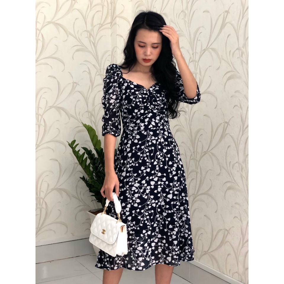 Đầm xòe voan hoa cổ vuông nhún ngực S&amp;M GR192 - Hình thật do shop chụp