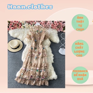Đầm tay ngắn lưới thêu hoa ren đủ size mix hoa lá
