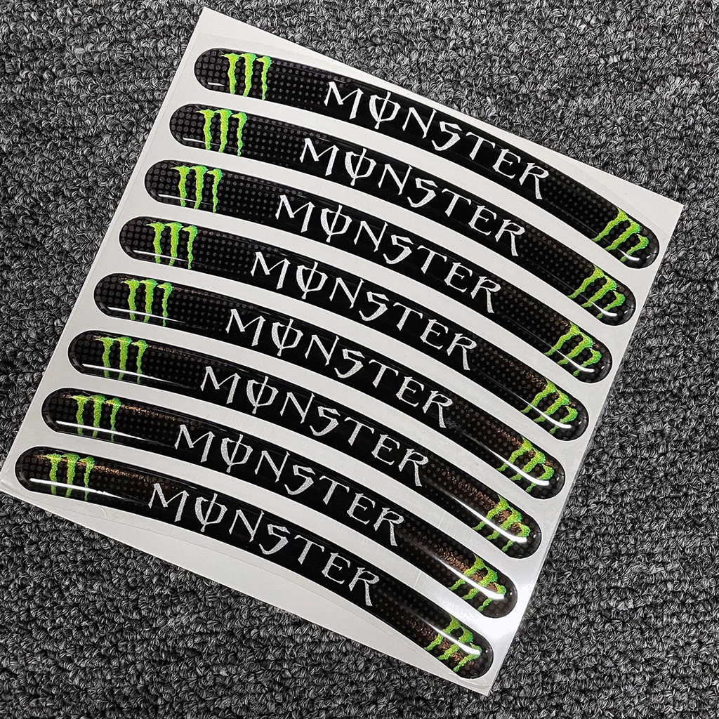 Bộ 8 Miếng Dán 3D Trang Trí Vành Bánh Xe Mô Tô Honda Yamha Monster Energy Series 12 14 16 17 18 19 20 21 Inch