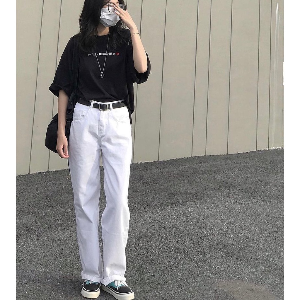 Quần jean nữ phối khuy gài eo cạp cao phong cách Ulzzang Hàn Quốc hai màu đen trắng ngầu chất B230 | BigBuy360 - bigbuy360.vn