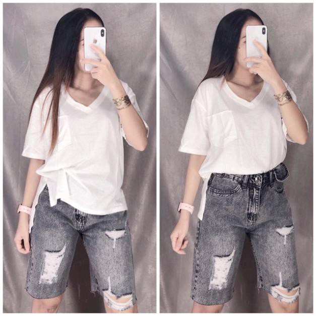 Áo thun lụa giấy nữ - Áo phông cổ tim FORM RỘNG vạt xẻ tà HOT 💖
