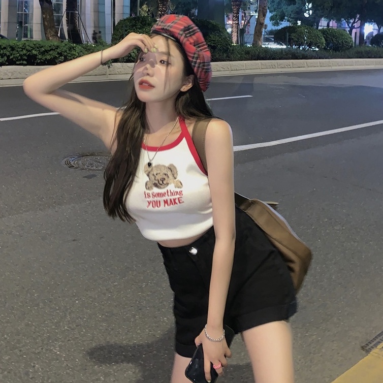 Áo dệt kim ZHELIHANGFEI hai dây siêu ngắn thêu hình gấu quyến rũ cho nữ