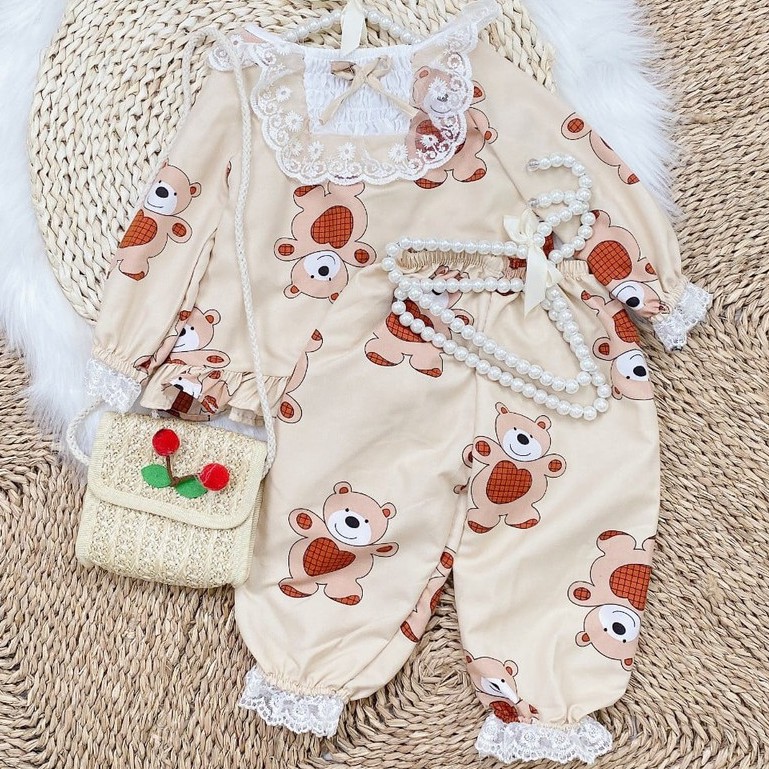 Bộ Ngủ Pijama Dài Tay Bé Gái Viền Ren Kate Hàn [BN04] - Babi mama