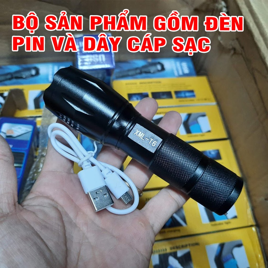 Đèn pin XML-T6 A100 bằng kim loại sạc trực tiếp bằng cáp sạc có thể dùng sạc cho điện thoại
