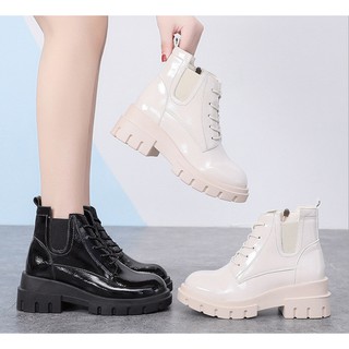 Có ảnh thật - Giày boot nữ da bóng đế vuông 3cm dây buộc kèm khóa kéo B138