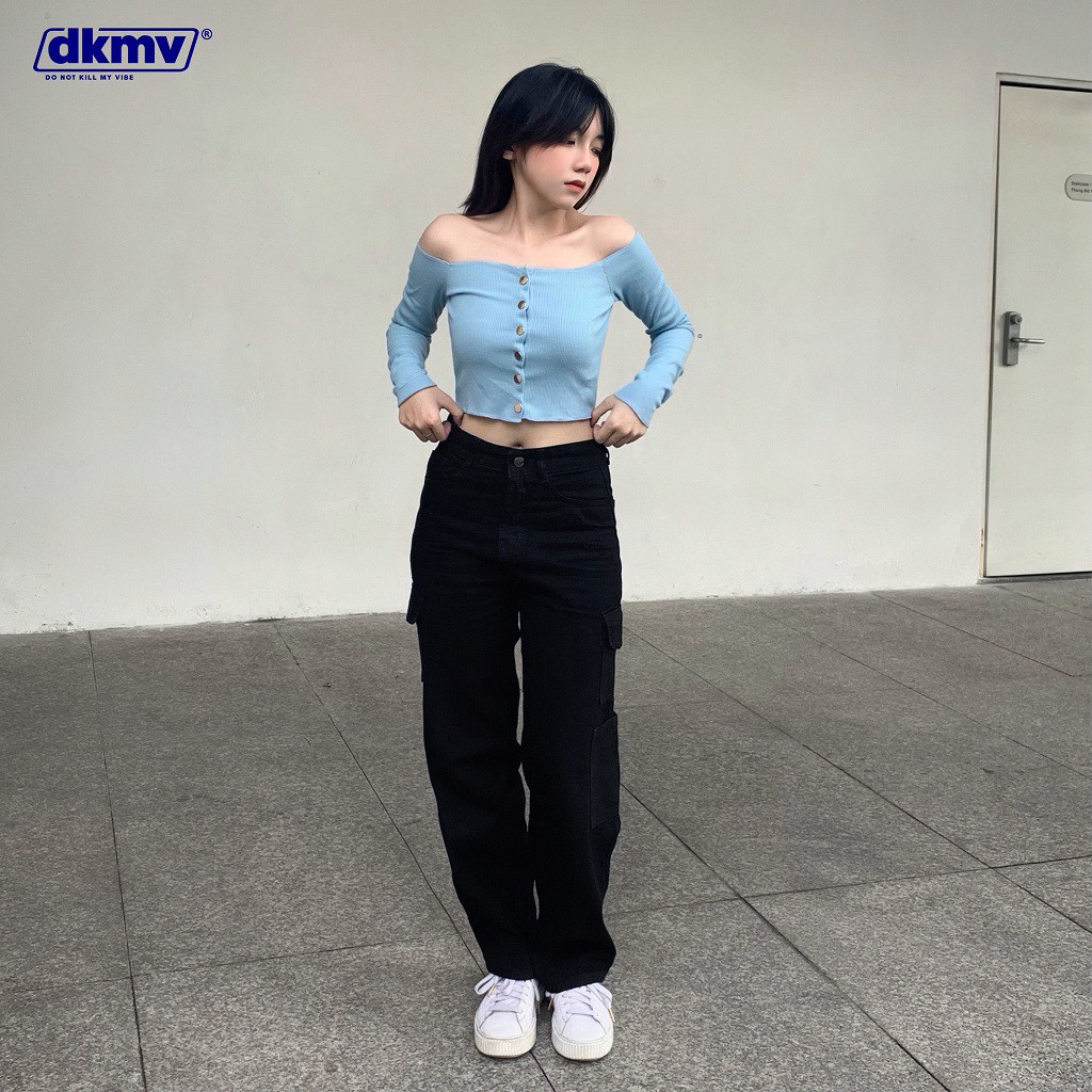 Quần Jean nữ túi hộp lưng cao ống rộng màu đen Don't Kill My Vibe | DKMV Black 2 Box Jean | BigBuy360 - bigbuy360.vn