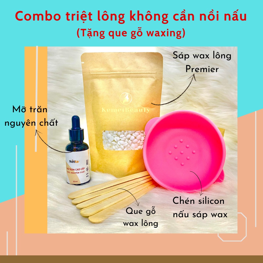 Combo triệt lông sáp wax lông nóng wax bean RAY - 100g sáp, mỡ trăn 10ML, chén silicon nấu sáp wax