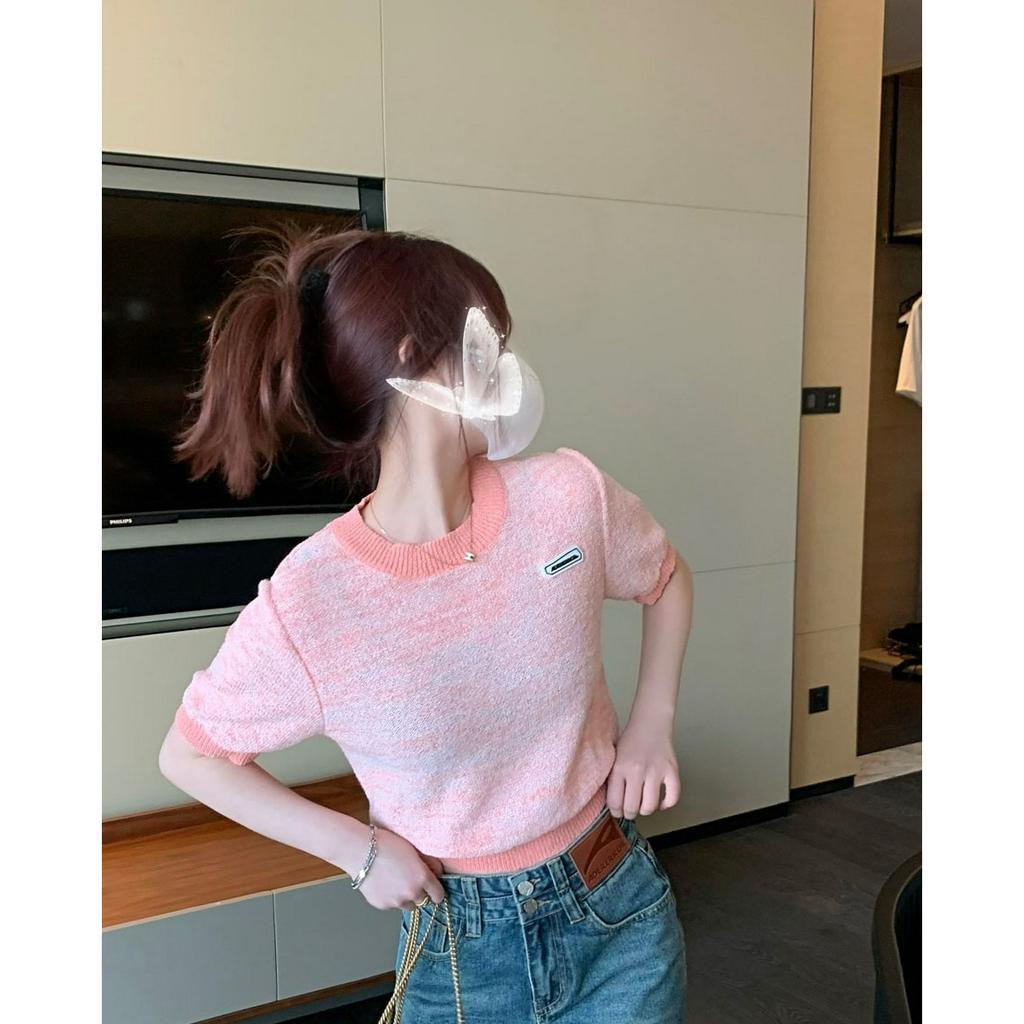 ZHELIHANGFEI Áo Sweater Cổ Tròn Tay Ngắn Dáng Ôm Vừa Vặn Màu Trơn Cho Nữ