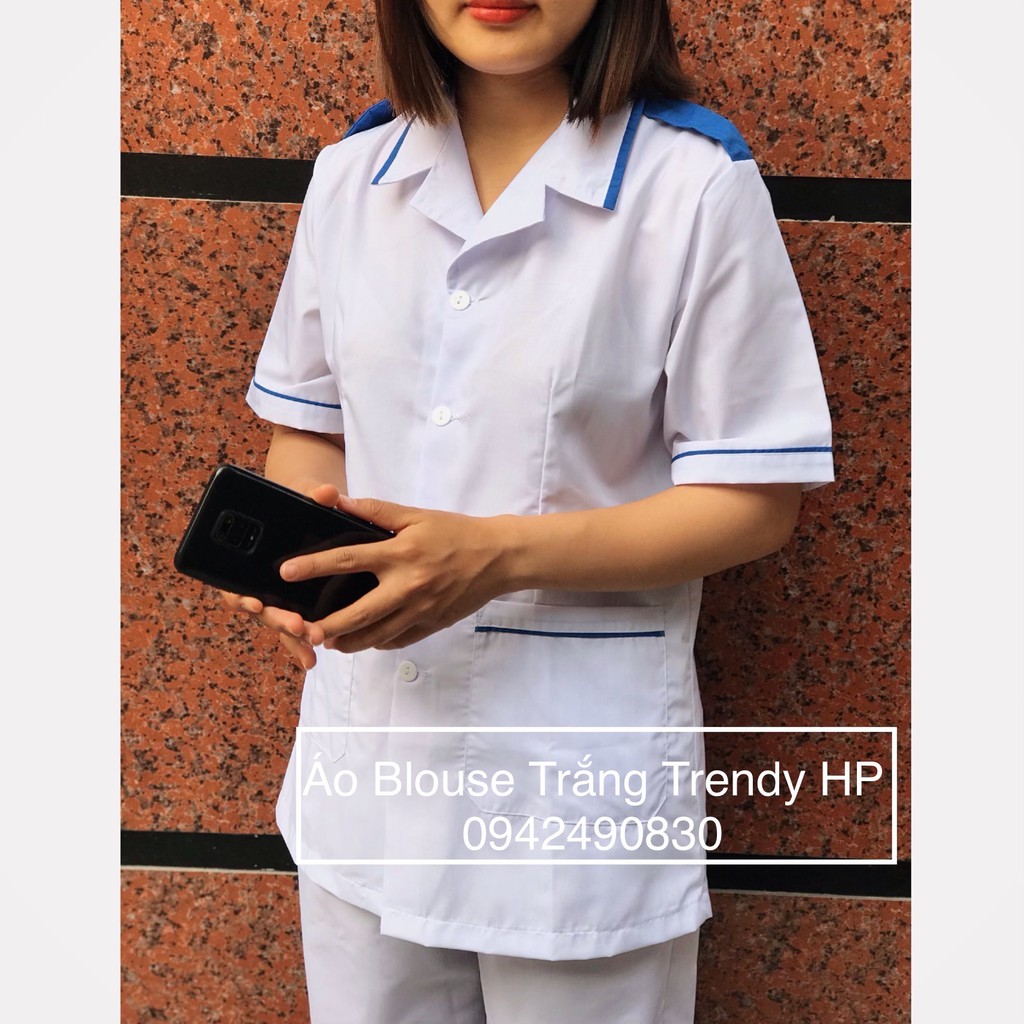Áo blouse trắng thực tập điều dưỡng, y tá nam nữ cộc tay có cầu vai