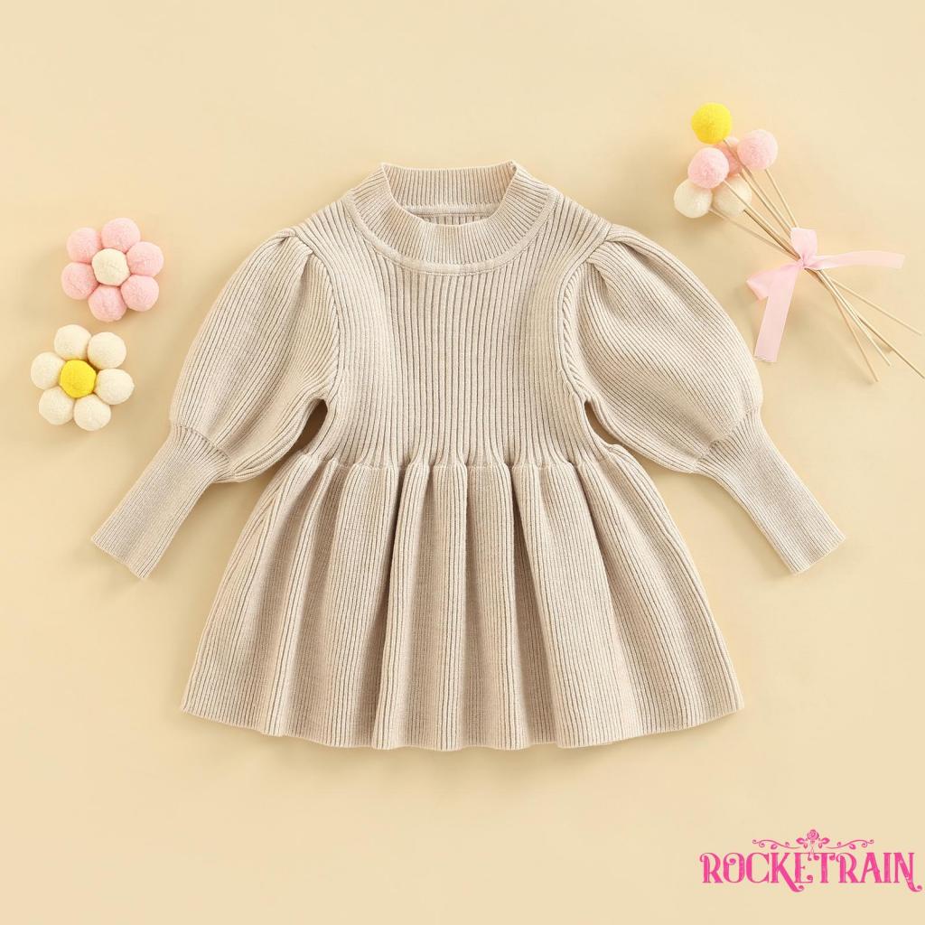 Đầm Len Dài Tay Cổ Tròn Màu Sắc Đơn Giản Cho Bé Gái