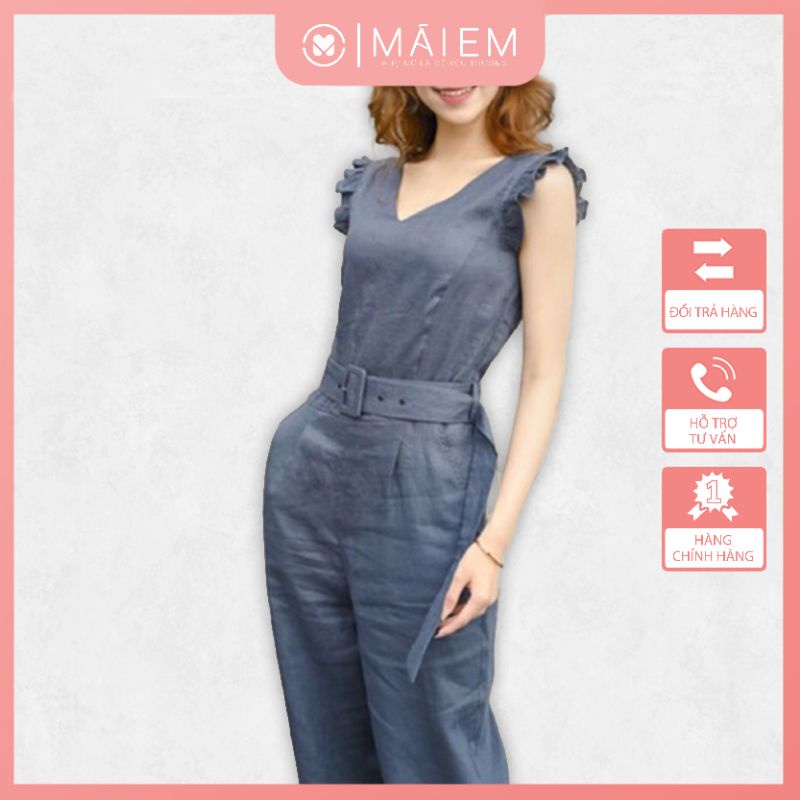 Bộ quần áo cổ tim có dây thắt eo màu xanh có khoá kéo sau chất Linen _ S7045