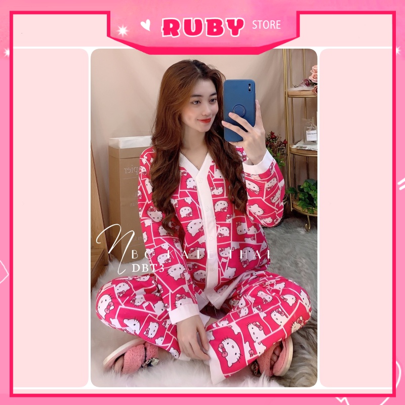 Đồ bộ pijama tay dài quần dài cổ V Kitty dễ thương chất kate mềm mịn mát ❤ Rubystorevn