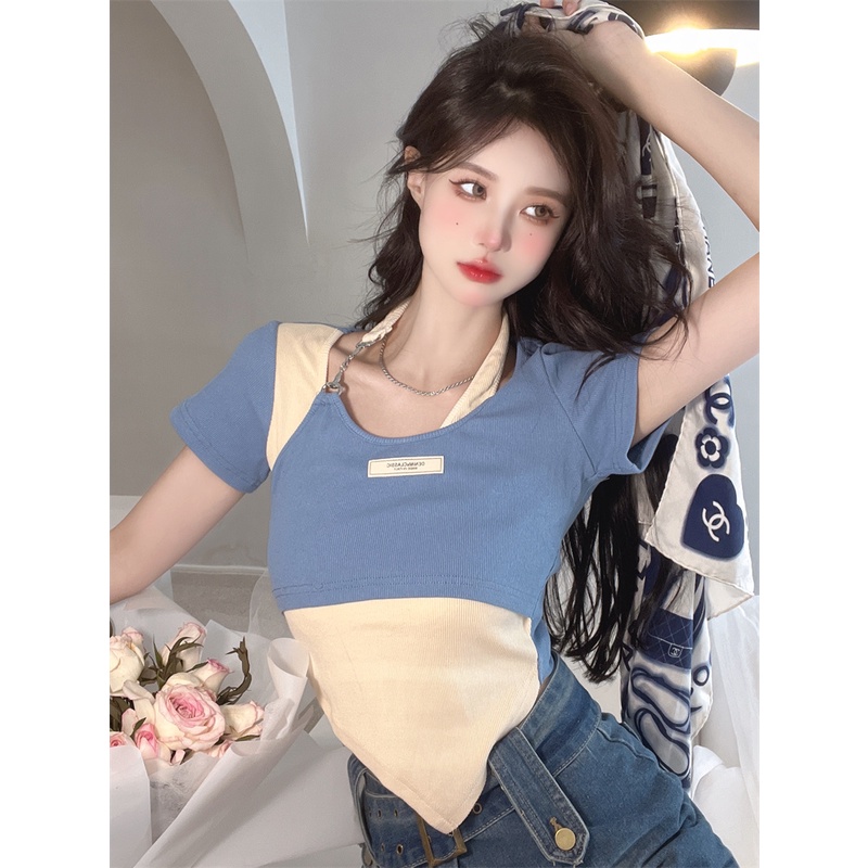 QKOOLE  Áo Thun Nữ Ngắn Tay Có Khóa Kéo Thời Trang